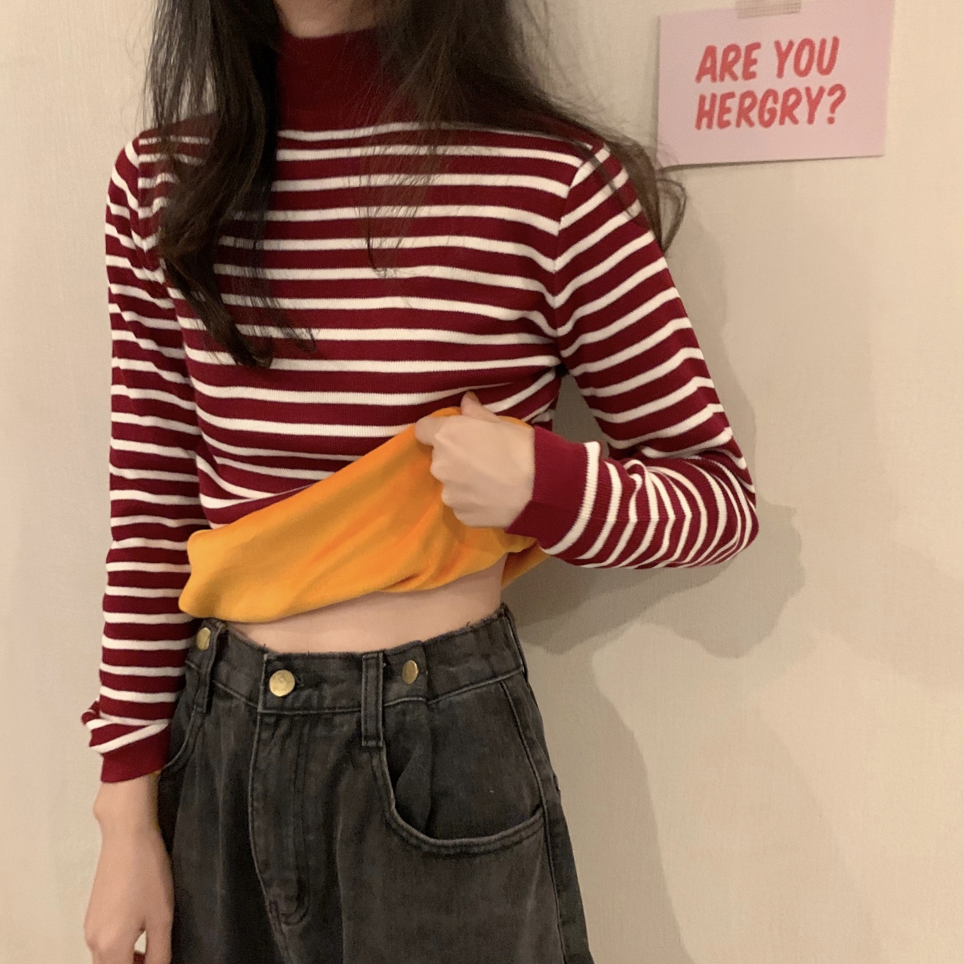 實拍實價 新款韓版條紋半高領加絨加厚針織毛衣打底衫女 