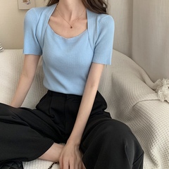 實拍實價 新款糖果色設計感小眾露鎖骨修身顯瘦方領短袖T恤