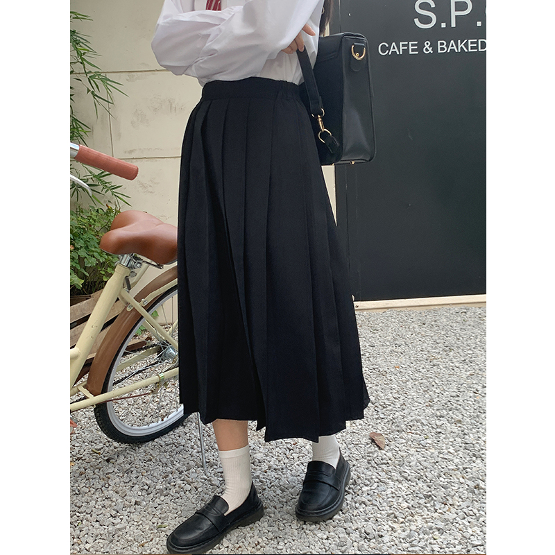 百搭洋气中长款松紧腰半身裙百褶裙秋季新款学生JK制服学院风裙子