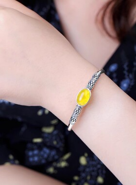 s925手镯琥珀绿松石diy银托10*14