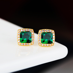 S925纯银耳钉空托女镶嵌祖母绿碧玺玉石宝石diy耳饰银托方形6*6