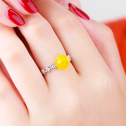 纯银镶嵌琥珀圆珠戒指托