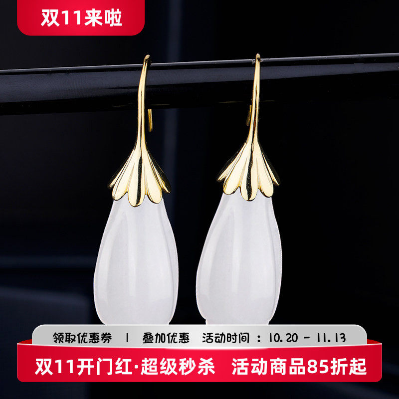 s925纯银耳环空托diy玉坠蜜蜡