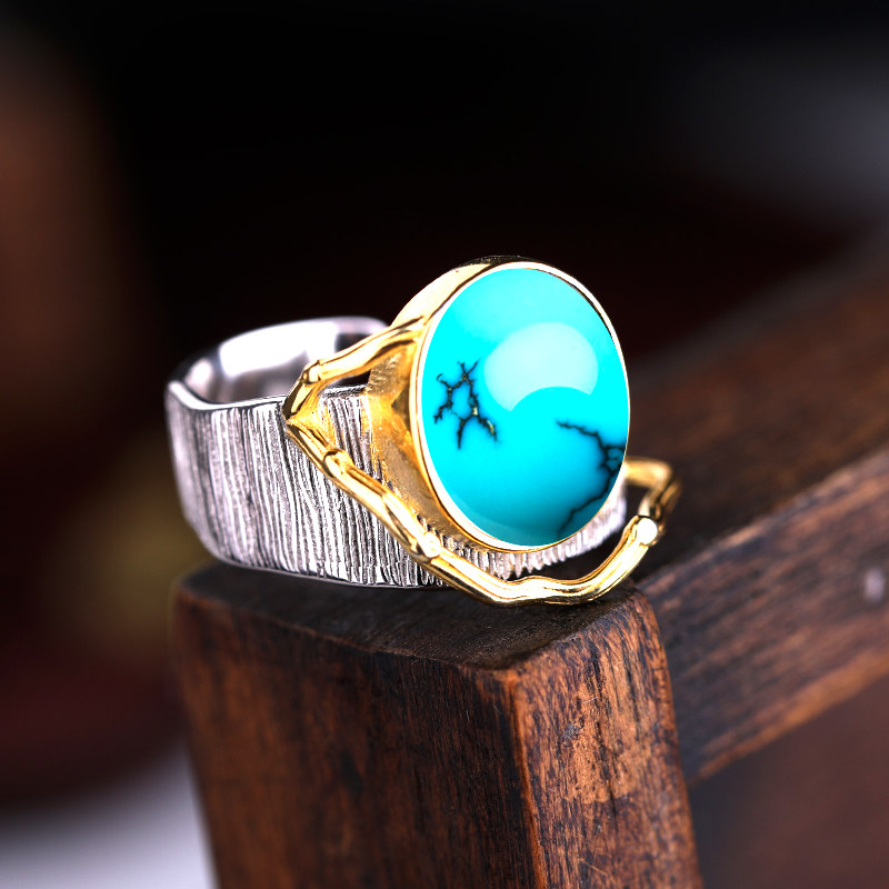 S925银戒指空托男指环空托镶嵌绿松石南红蜜蜡开口戒指托10*11.8