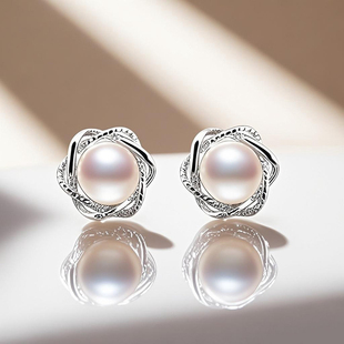 S925纯银耳钉空托镶嵌馒头珍珠圆珠翡翠绿松石耳饰diy手工银空托