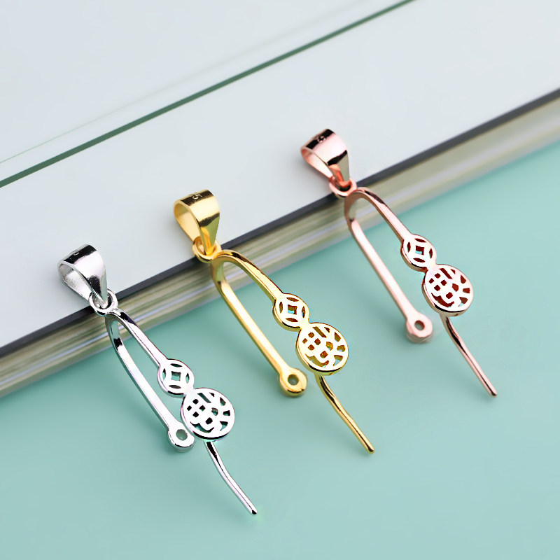 S925纯银平安扣夹扣diy蜜蜡扣翡翠玉石水晶银夹扣头配件吊坠扣子