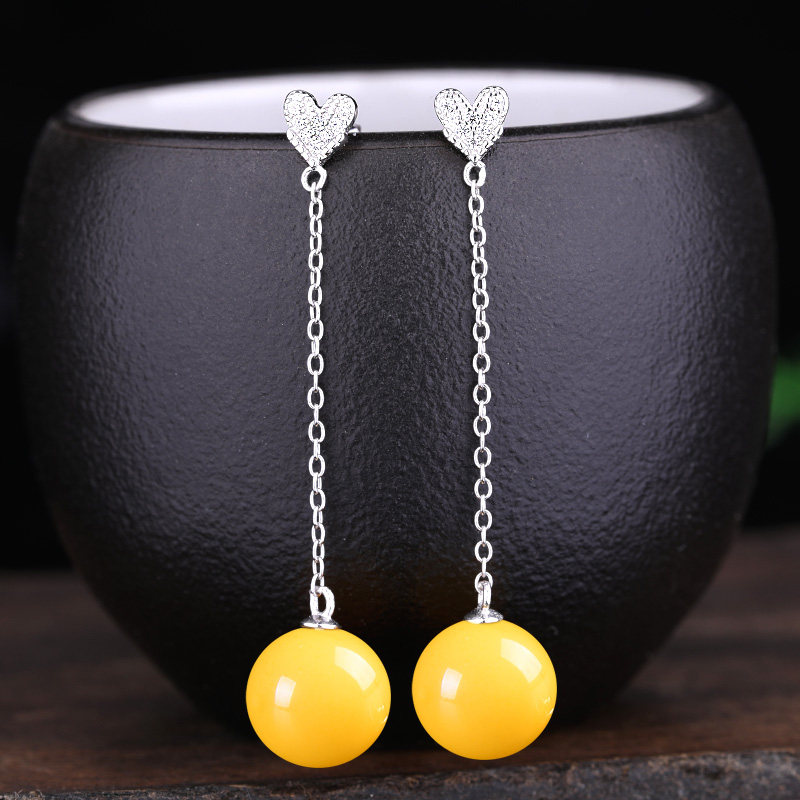 手工镶嵌粘蜜蜡圆珠耳钉空托S925纯银耳饰耳钉耳环链条耳坠耳钉托