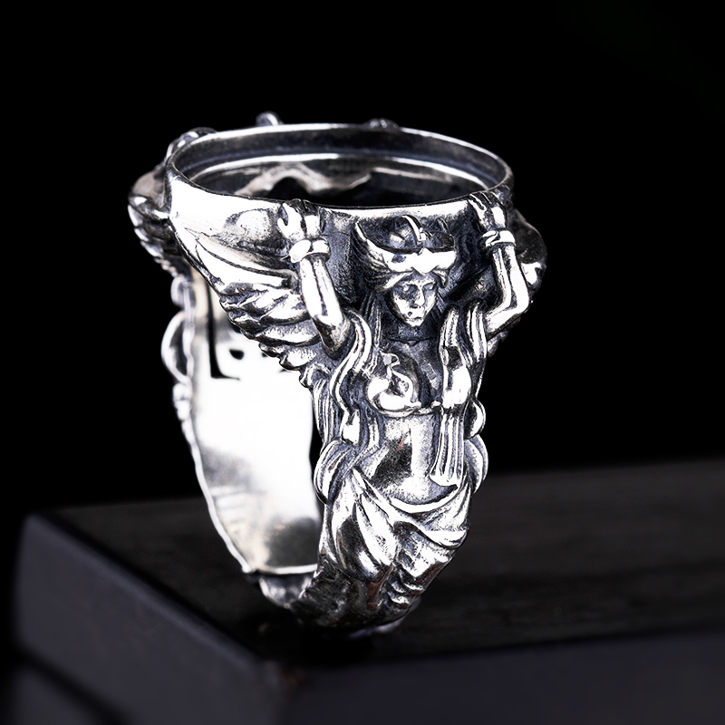 diy戒指空托兽面南红银饰15*20