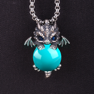 S925银吊坠空托龙年生肖复古纯银本命年圆珠吊坠蜜蜡蓝珀生肖吊坠