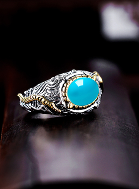 戒指空托男S925银绿松石镶嵌蜜蜡