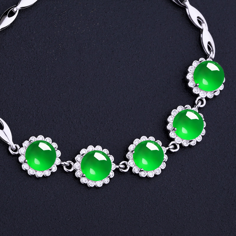 S925纯银手链空托镶嵌玉石翡翠蜜蜡绿松石空托5个圆形石位空托7*7