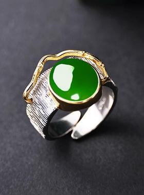 通体S925银个性戒指空托绿松石戒托镶嵌玉石翡翠活口戒托10*11.8