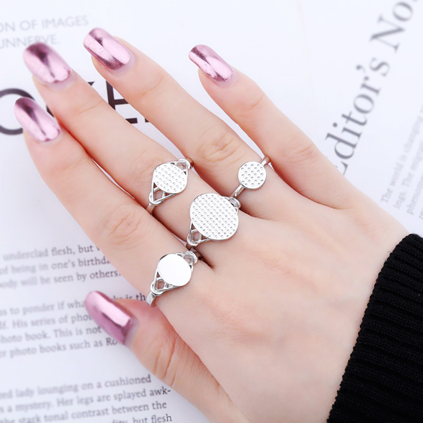 S925银戒指空托镶嵌翡翠玉石随形圆形貔貅戒面戒托8*10 12*14.5