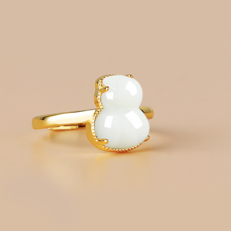 S925纯银葫芦戒指空托diy手工镶嵌翡翠玉髓和田玉石小葫芦戒托女