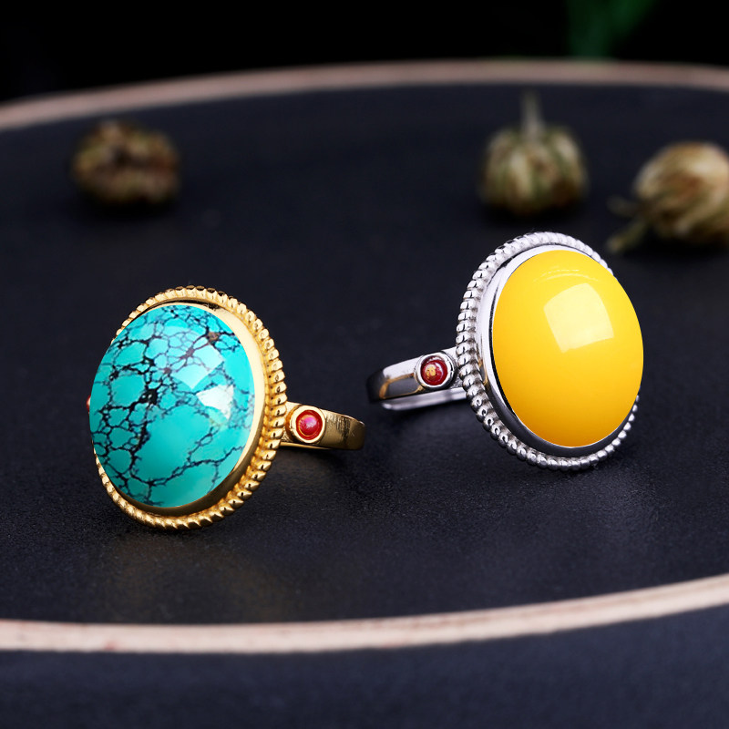 戒托女款纯银s925空托琥珀绿松石