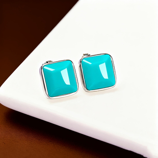 S925纯银耳钉空托方镶嵌翡翠红宝石绿松石时尚耳环耳饰配件10*10