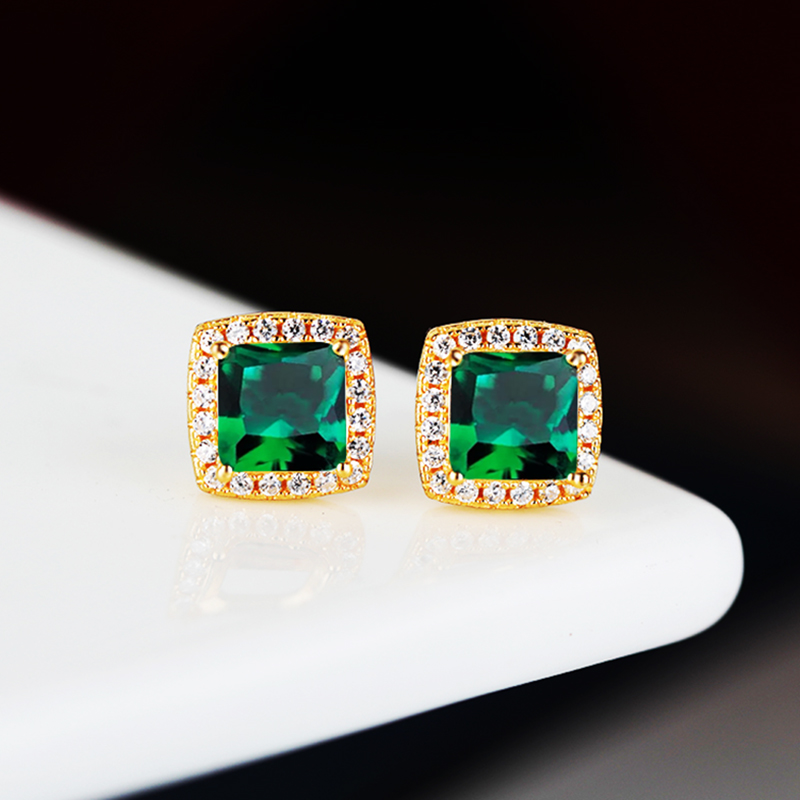 S925银耳钉空托镶嵌祖母绿水晶女