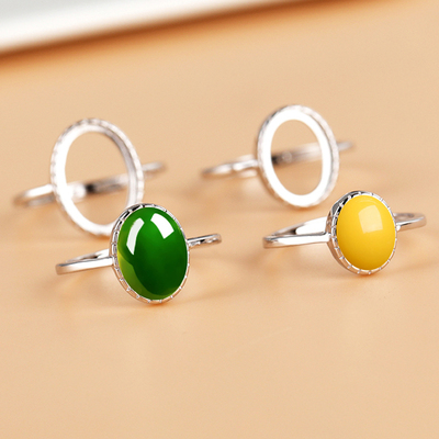 纯银戒指空托镶嵌翡翠和田玉石