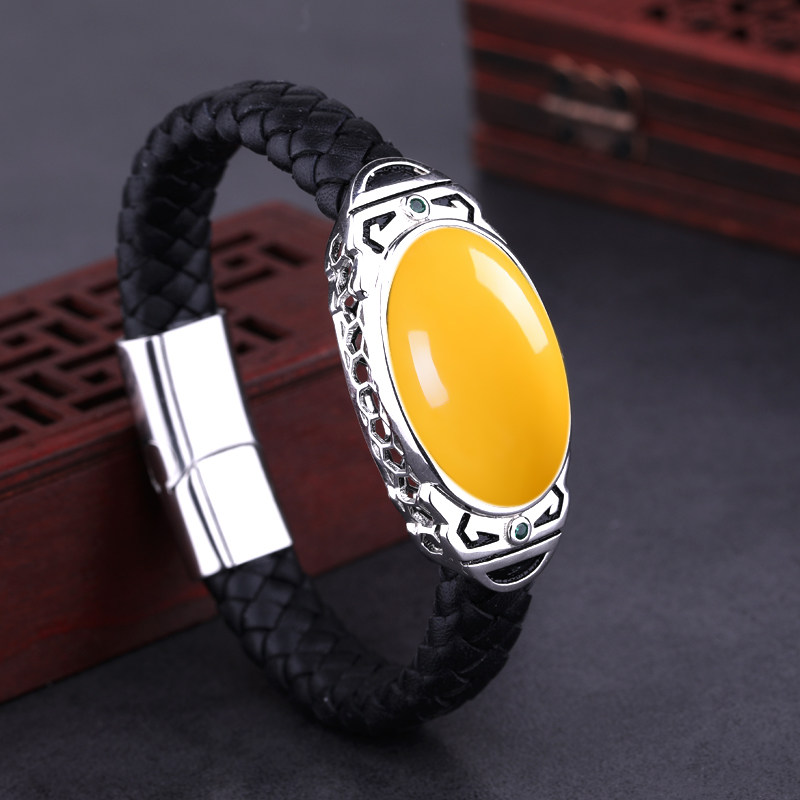 S925纯银手链空托DIY镶嵌蜜蜡绿松石银饰皮绳手链托空托纯银配件