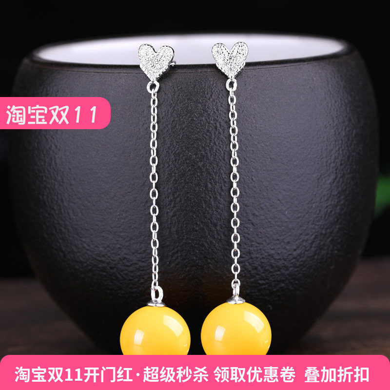 手工镶嵌粘蜜蜡圆珠耳钉空托S925纯银耳饰耳钉耳环链条耳坠耳钉托