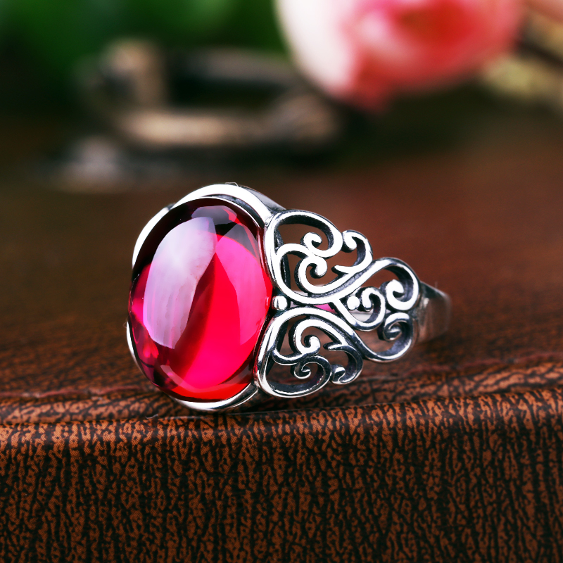 S925纯银复古戒指空托diy镶嵌蜜蜡琥珀宝石椭圆女戒托11*14 12*16