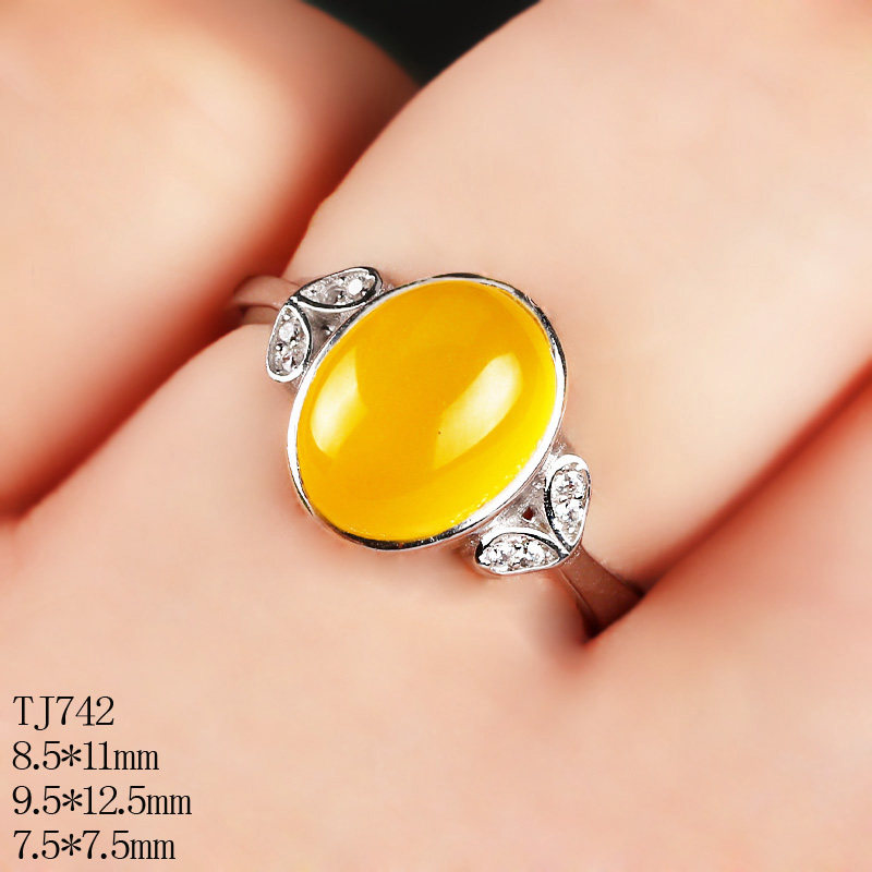 纯银戒指空托蜜蜡琥珀镶嵌绿松石