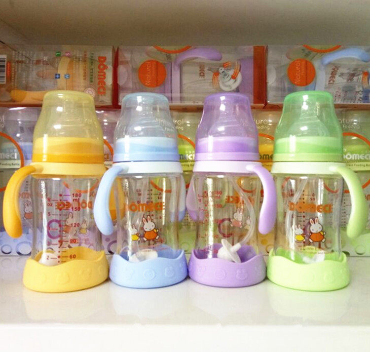 多美茜防摔宽口径玻璃奶瓶带吸管手柄硅胶奶嘴包邮25省热卖