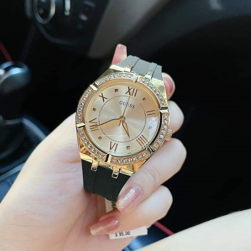 专柜正品盖斯guess手表女表时尚黑金镶钻硅胶表带石英表gw0034l1