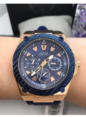 盖斯Guess手表蓝金色三眼计时情侣日历蓝色表W1049G2/W1094L2