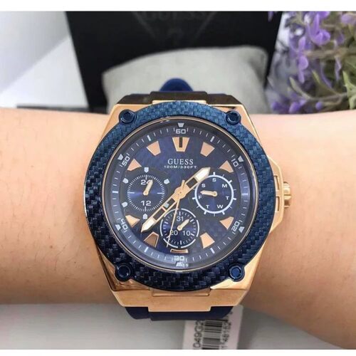 正品盖斯Guess手表蓝金色三眼计时情侣日历蓝色表W1049G2/W1094L2