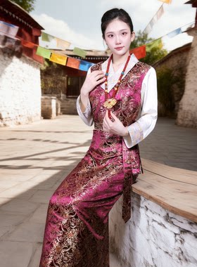 藏服女博拉藏袍夏季藏装女西藏服民族风女藏族服高档锦缎锅庄裙