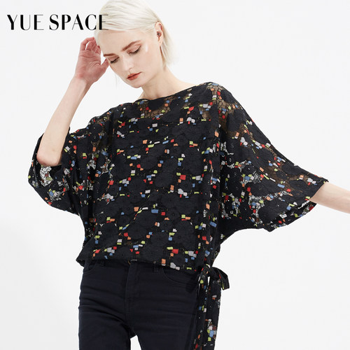 YUESPACE一字领休闲蝙蝠袖蕾丝衫