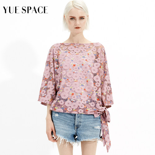 YUESPACE休闲七分袖印花蕾丝衫