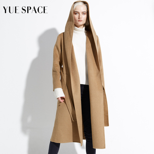 YUESPACE骆驼绒大衣双面毛呢外套女秋冬连帽长款过膝宽松时尚驼色