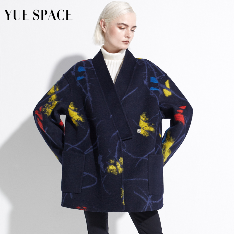 YUESPACE双面羊毛大衣宽松毛呢外套女士时尚原创印花V领休闲秋冬
