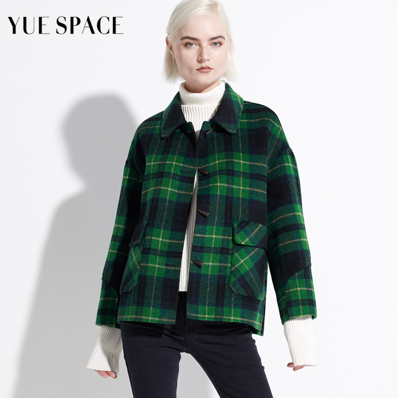 YUESPACE格子双面毛呢羊毛外套女士短款宽松翻领牛角扣秋冬时尚,女装/女士精品,毛呢外套,淘宝优惠券,粉丝福利购,淘宝优惠卷