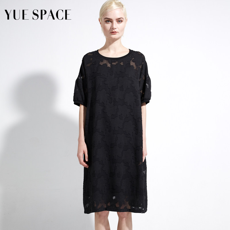 YUESPACE蕾丝衫时尚圆领宽松中长款T恤套头衫短袖休闲气质女春夏