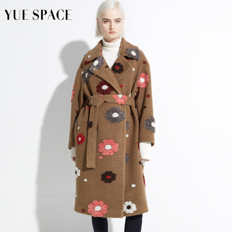 YUESPACE提花羊毛大衣秋冬女士毛呢外套时尚花色宽松长款过膝系带