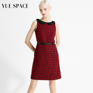 悦空间红色毛呢连衣裙时尚千鸟格修身显瘦中长款圆领无袖春秋裙子