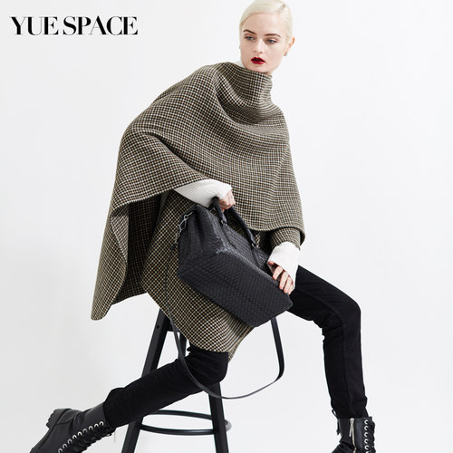 yuespace毛呢格子百搭斗篷大衣