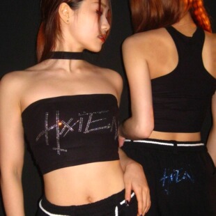 百搭辣妹性感烫钻闪钻黑色抹胸美式复古挂脖背心jazz爵士吊带上衣