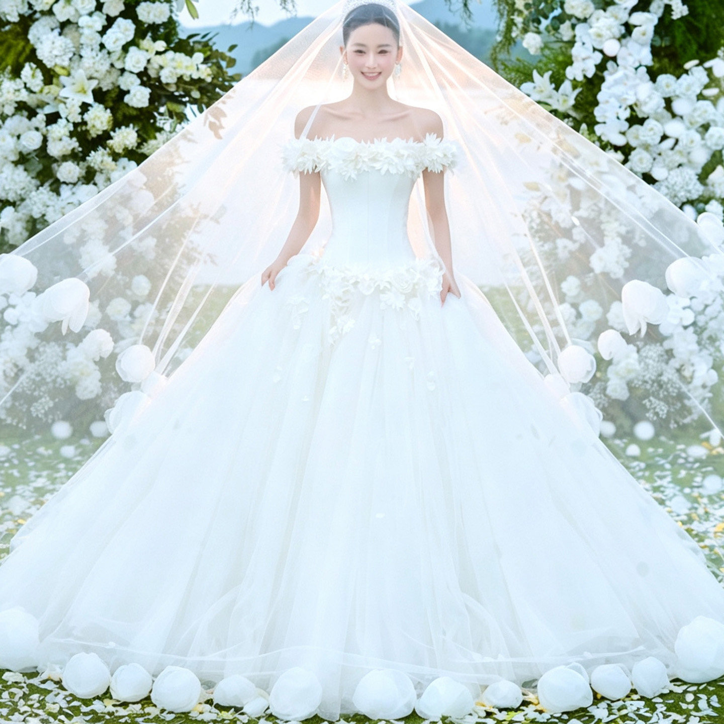 新款影楼主题服装一字肩轻纱婚纱花朵刺绣拖尾超仙梦幻仙女风礼服