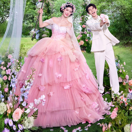 影楼主题拍照服装粉色甜美一字肩婚纱花朵拖尾公主蓬蓬裙旅拍礼服