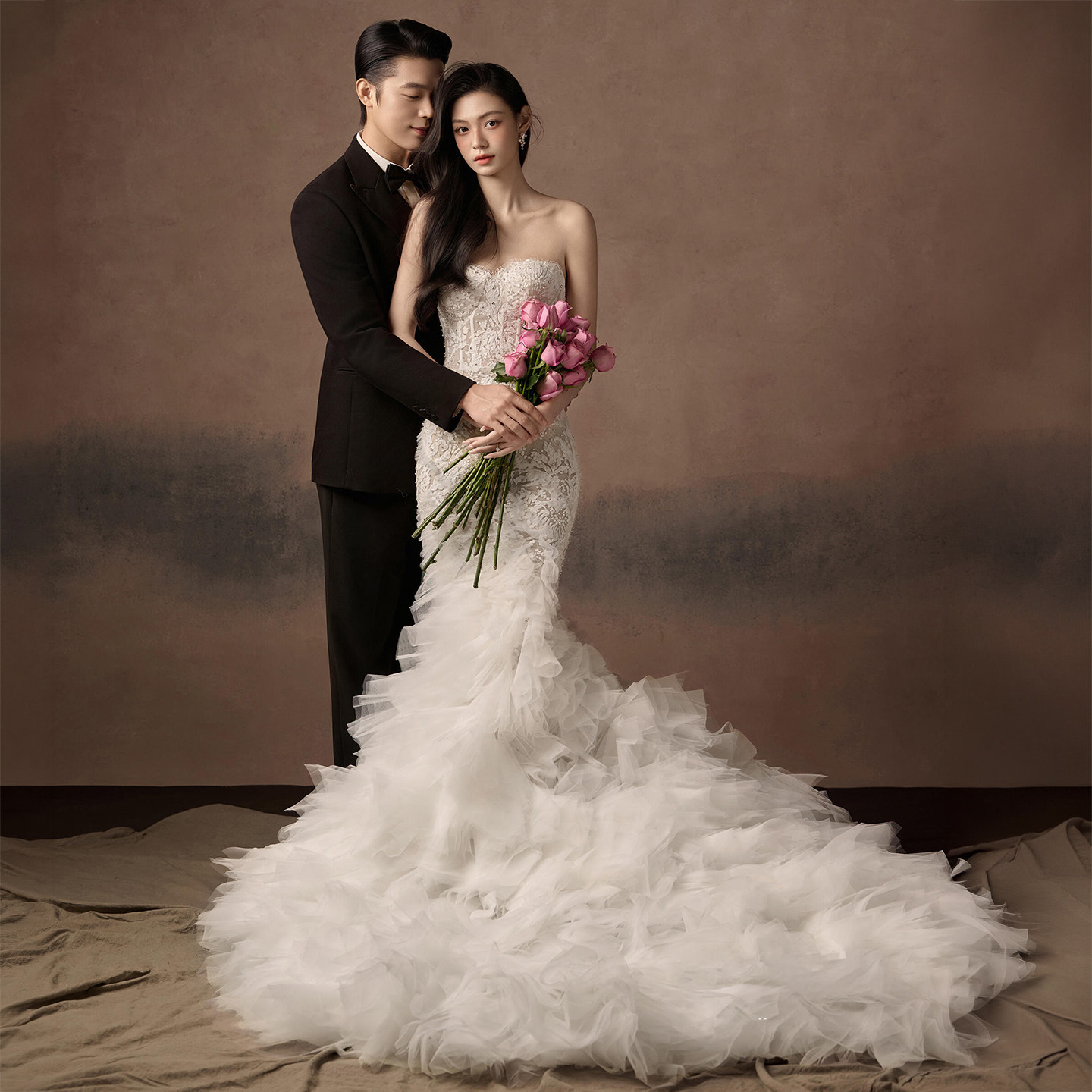 法式复古油画蕾丝鱼尾婚纱