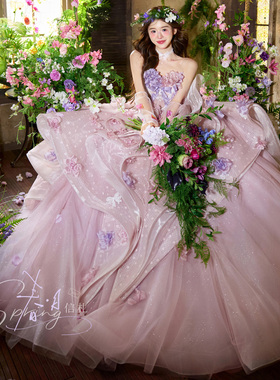 影楼拍照主题服装梦幻风仙女抹胸写真婚纱粉紫色花朵重工拖尾礼服
