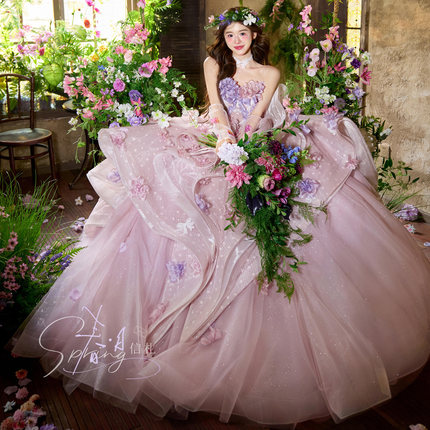 影楼拍照主题服装梦幻风仙女抹胸写真婚纱粉紫色花朵重工拖尾礼服
