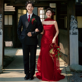 影楼拍照主题服装 红色复古街拍喜嫁晨袍情侣鱼尾抹胸婚纱礼服 新款