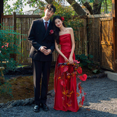 园林情侣拍照写真红色长裙婚纱喜嫁风格 中式 礼服 新款 影楼主题服装