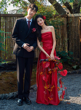 影楼主题服装新款中式园林情侣拍照写真红色长裙婚纱喜嫁风格礼服