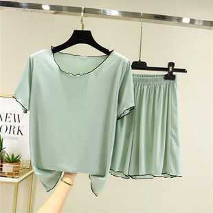 睡衣套装 T恤短裤 女夏季 宽松木耳边家居服大码 两件套 薄款 冰丝短袖
